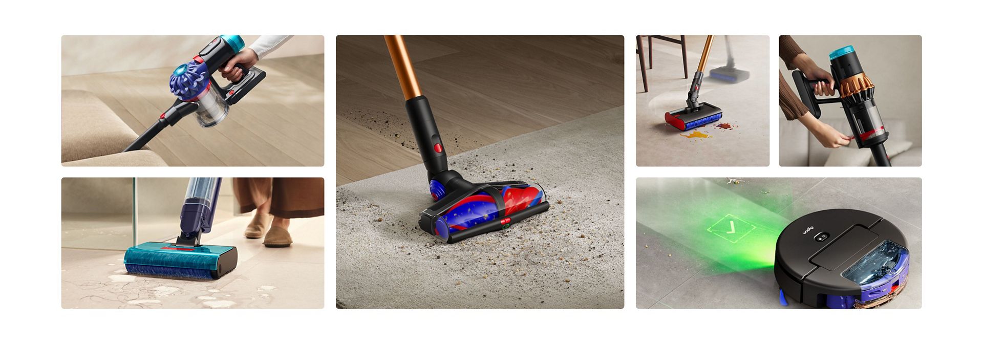 A range of Dyson cordless vacuums and wet floor cleaners.
