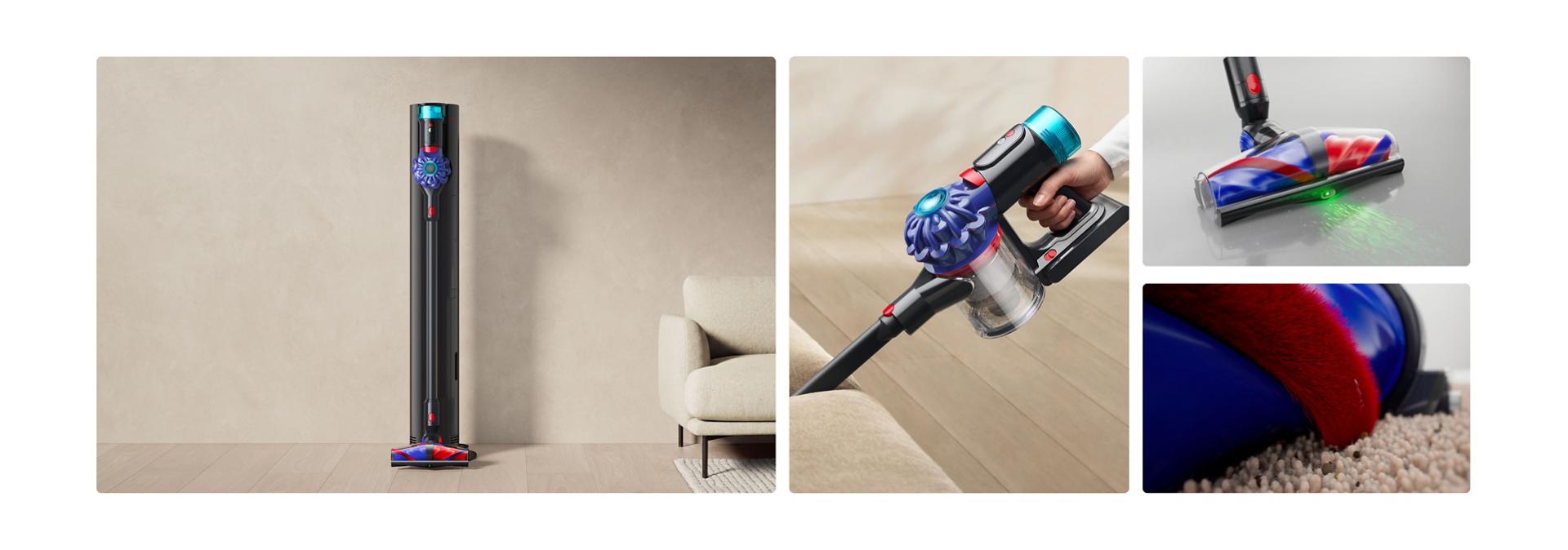Otomatik boşaltma ünitesinde ve evi temizlemek için kullanılan Dyson Konical V10 kablosuz süpürge.