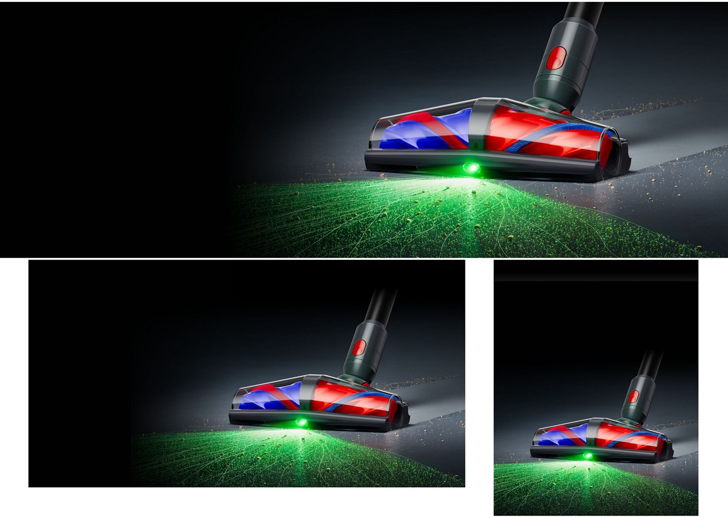 Dyson All Floor Cones cleaner head illuminates dust and dirt on hard floors.