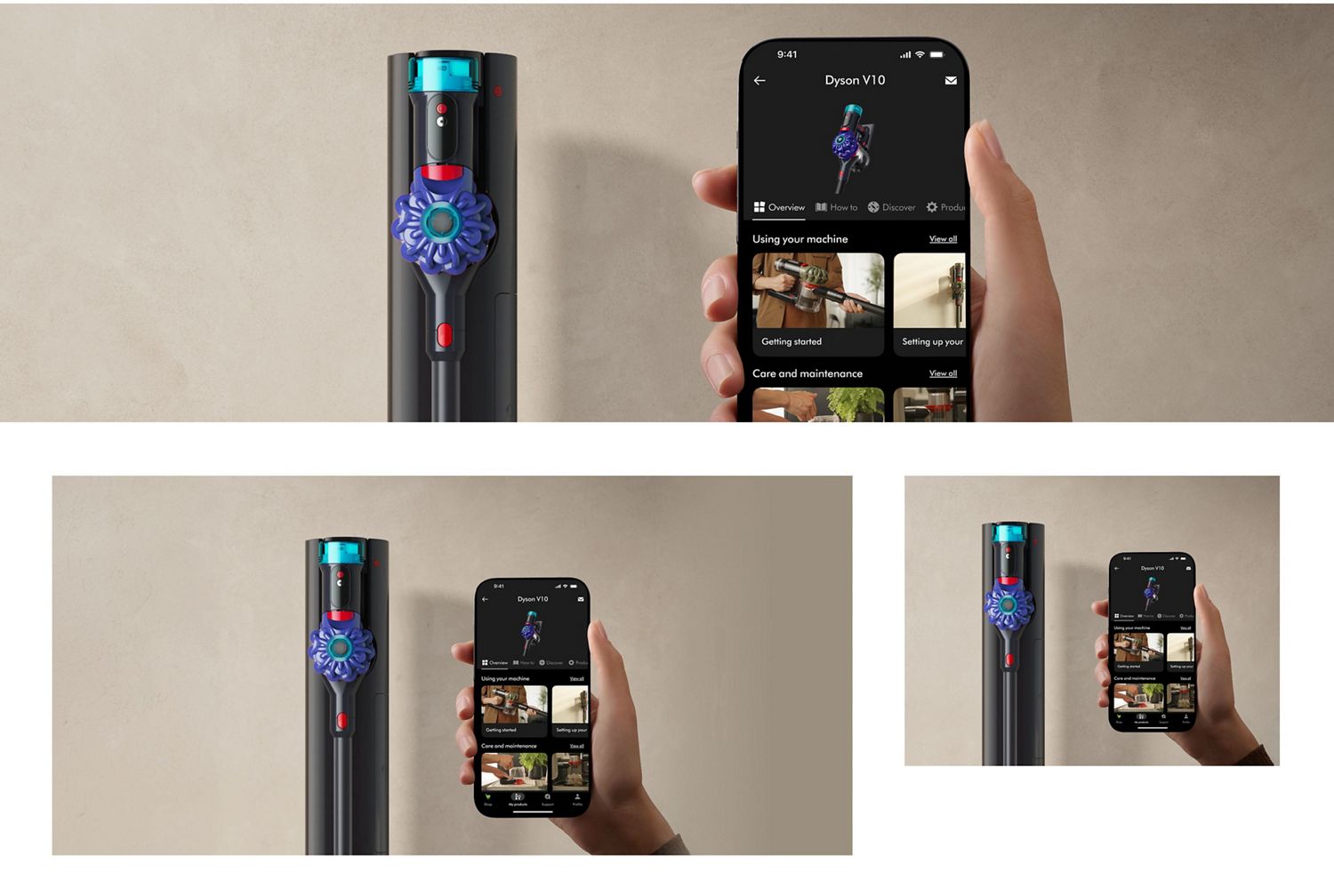 The Dyson Cyclone V10 cordless vacuum in the Auto-empty Dok next to a phone showing the MyDyson app.