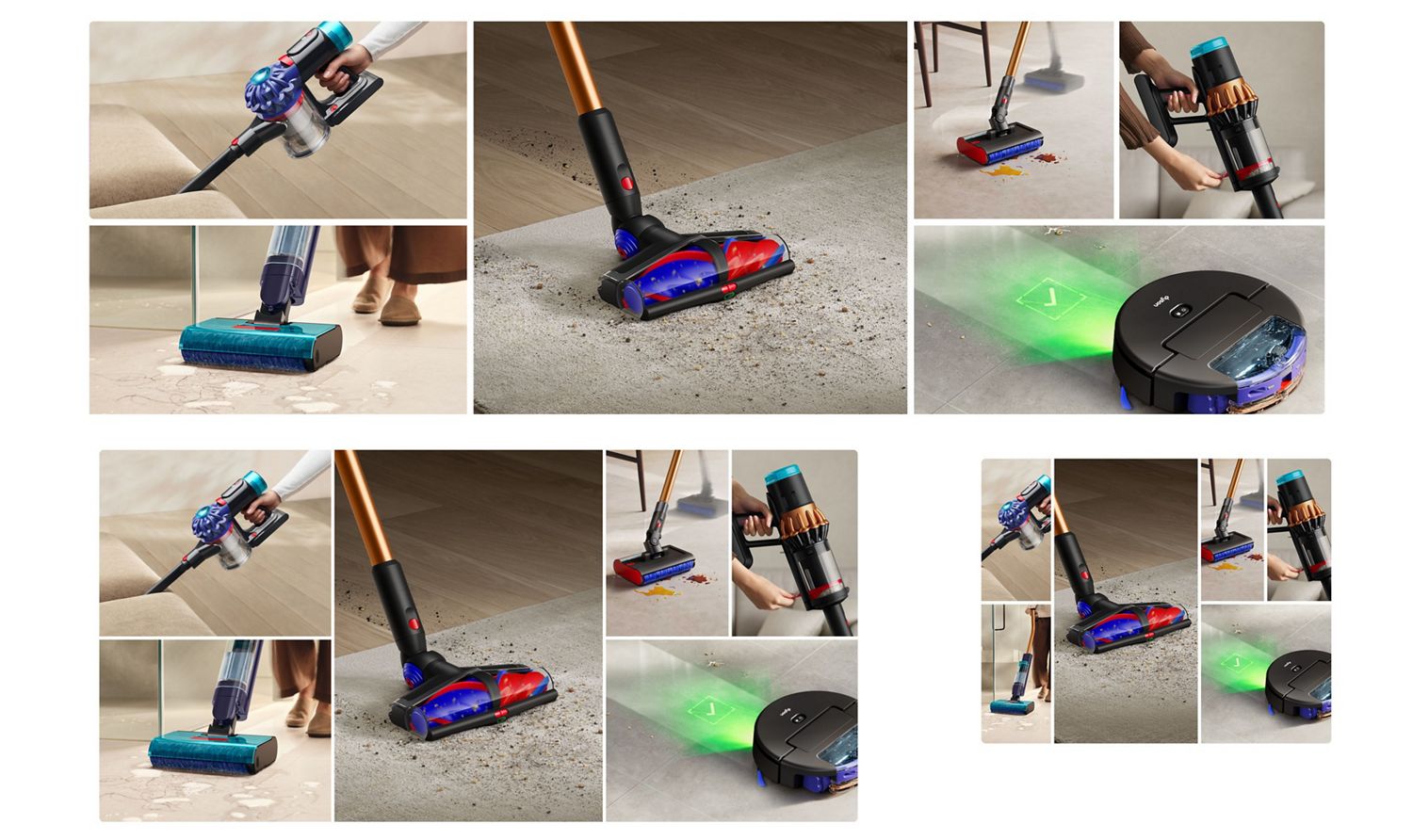A range of Dyson cordless vacuums and wet floor cleaners.