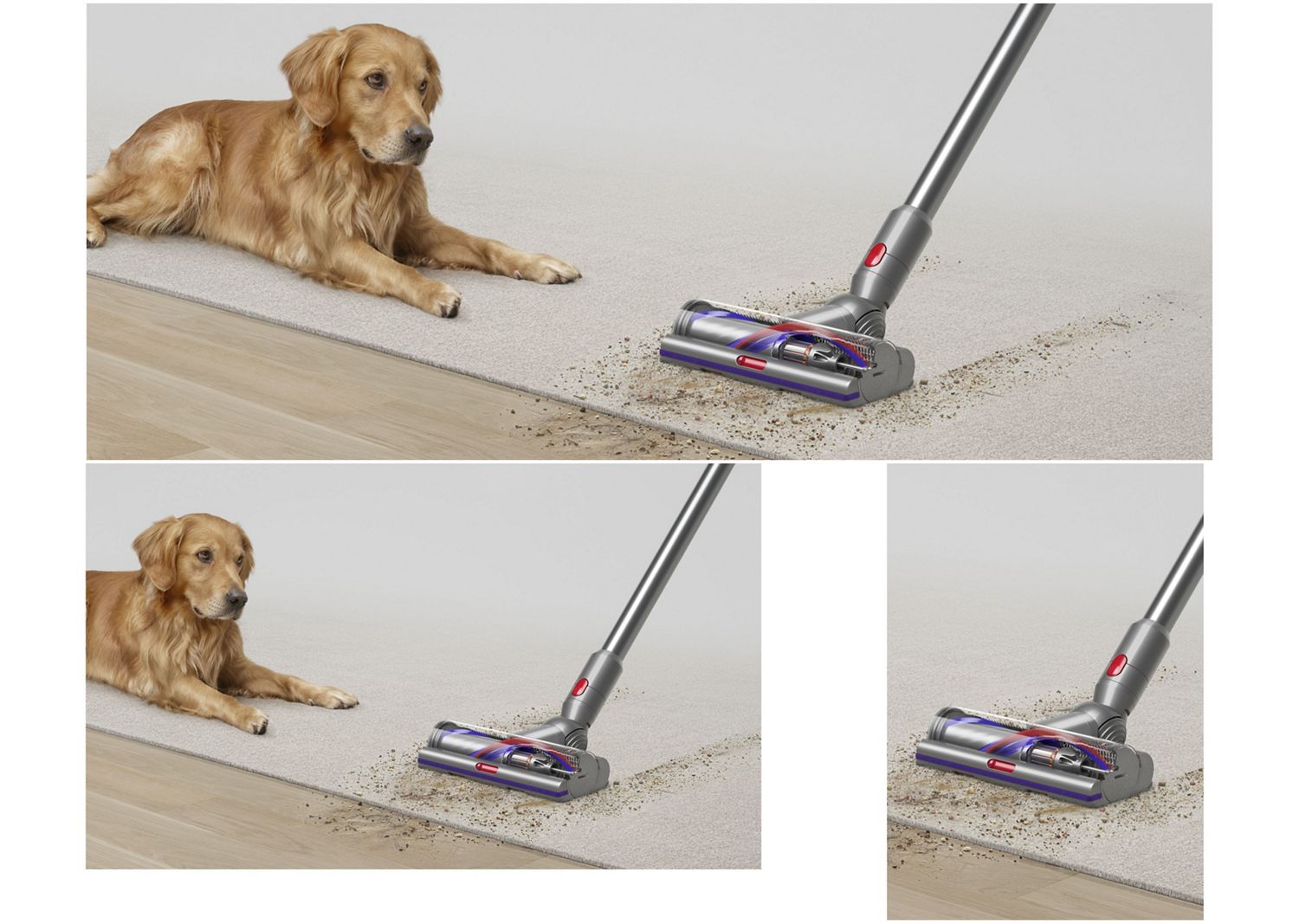 Die Dyson Motorbar Bodendüse wird zur Reinigung eines Teppichs verwendet.