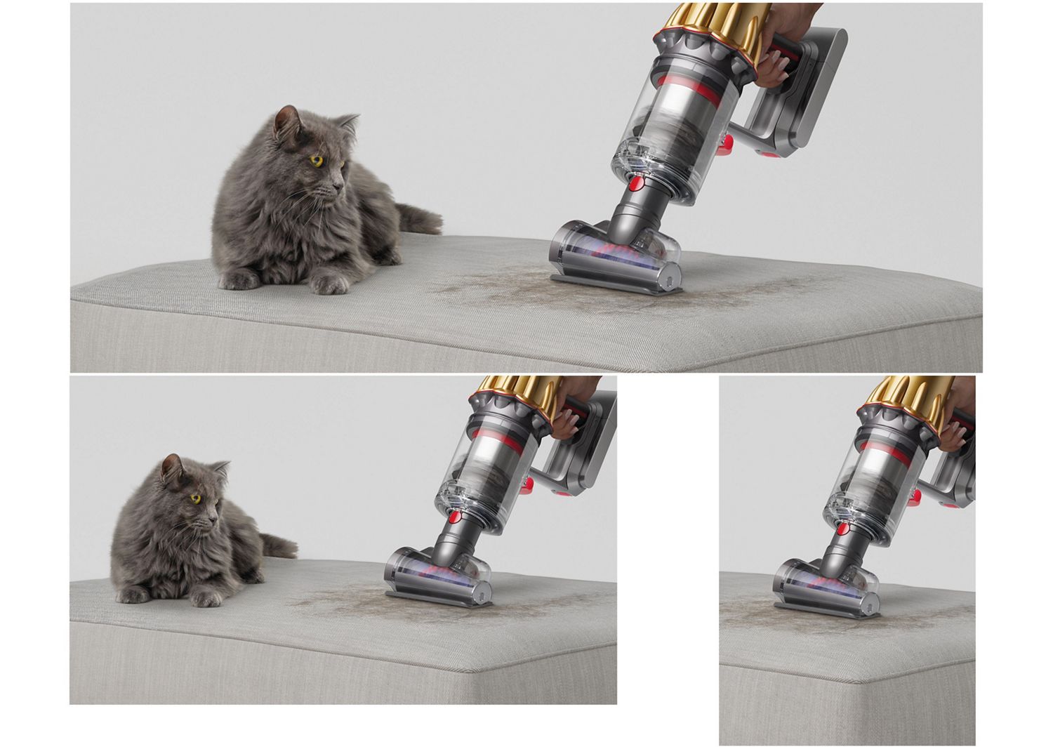 Dyson Hair screw -työkalu käytössä tyynyn puhdistamiseen.