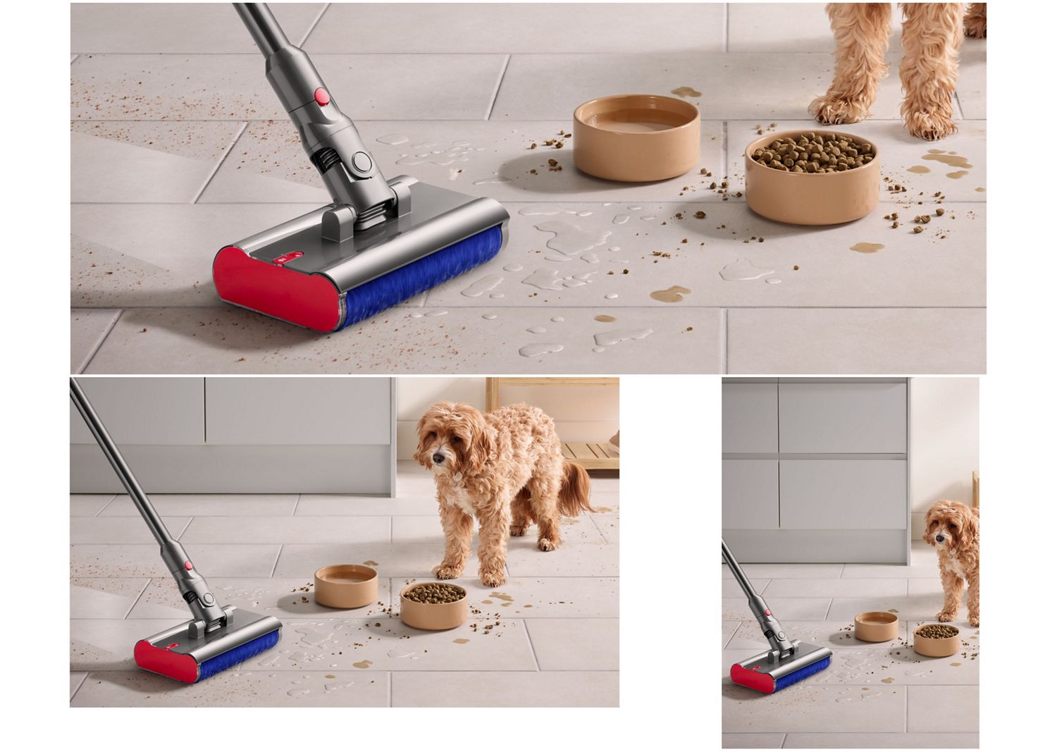 Dyson Submarine -puhdistuspää käytössä laattalattialta roiskeiden puhdistamiseen.