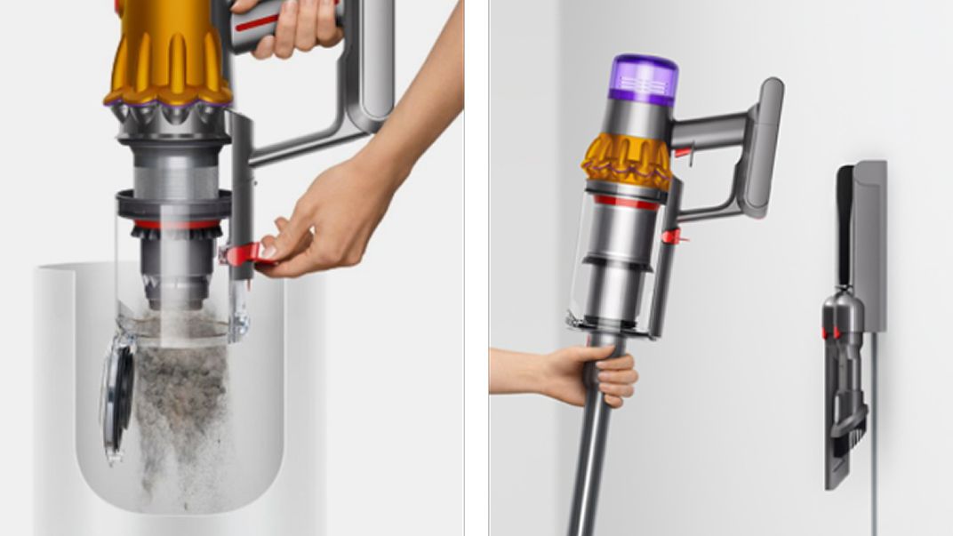 Der Dyson V12 Detect Slim Staubsauger wird nach Gebrauch entleert und in die Wandhalterung gestellt.