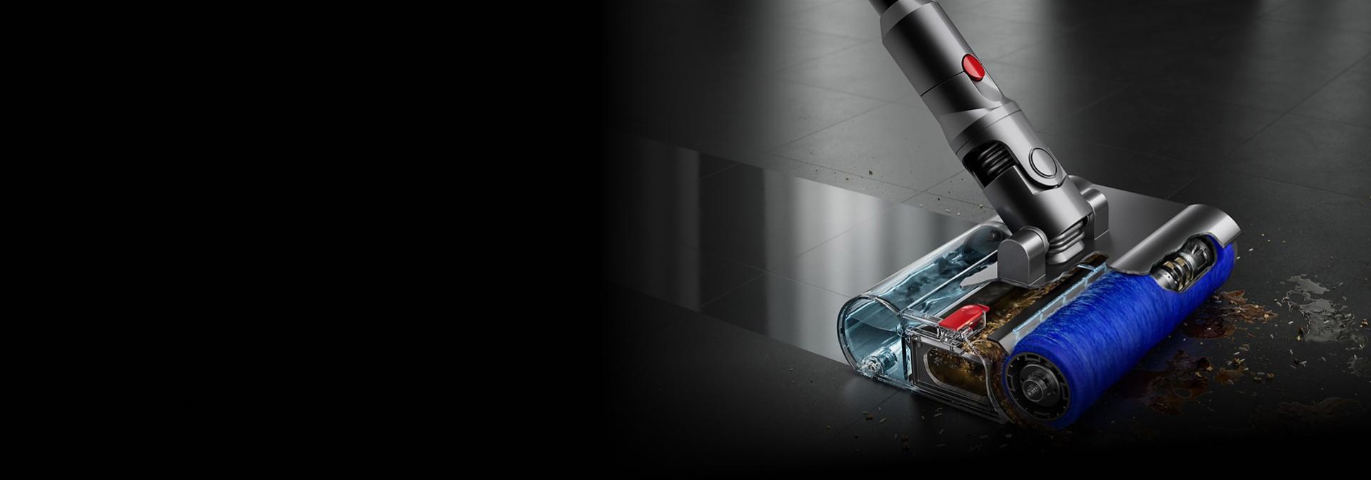 Dyson Submarine wet cleaner head used to clean spills from a hard floor.