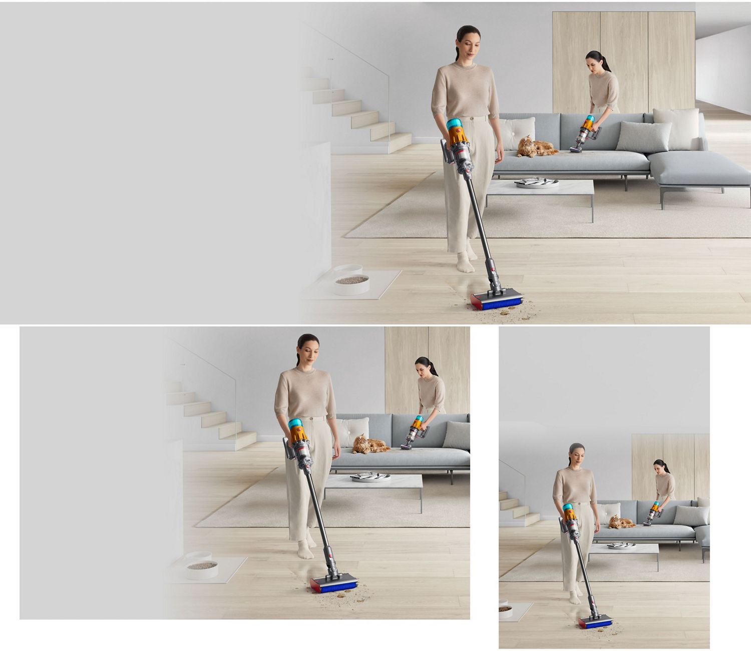 A woman cleaning with the Dyson V12s Detect Slim Submarine Complete wet and dry vacuum.