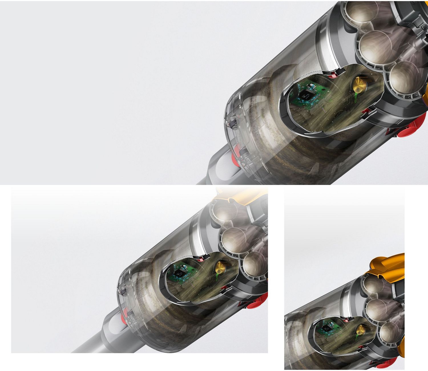 A cut out of the cyclones in the Dyson V12s Detect Slim Submarine Complete wet and dry vacuum.