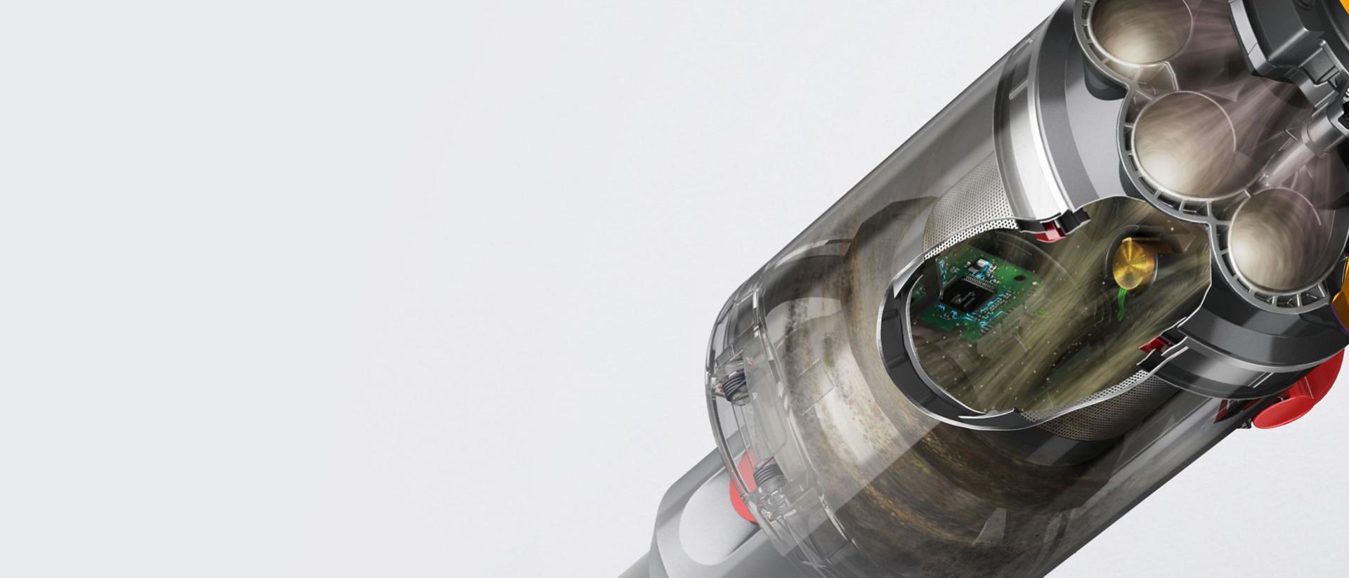 Zbliżenie na czujnik piezoelektryczny wewnątrz Dyson V12 Detect Slim Absolute Submarine.