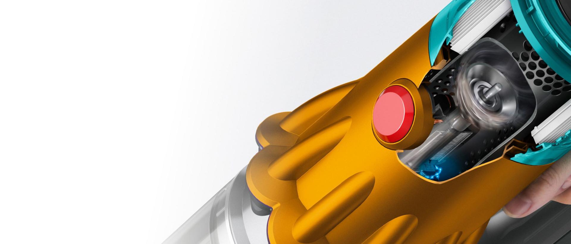 Zbliżenie na przekrój silnika odkurzacza Dyson V12 Detect Slim Absolute Submarine.