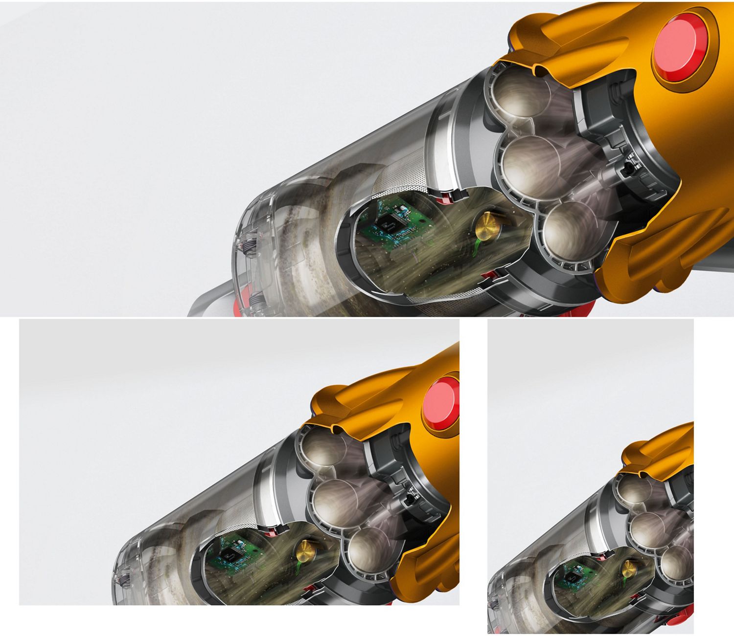 Cutaway showing the filtration technology within the Dyson V12s Detect Slim Submarine vacuum cleaner.