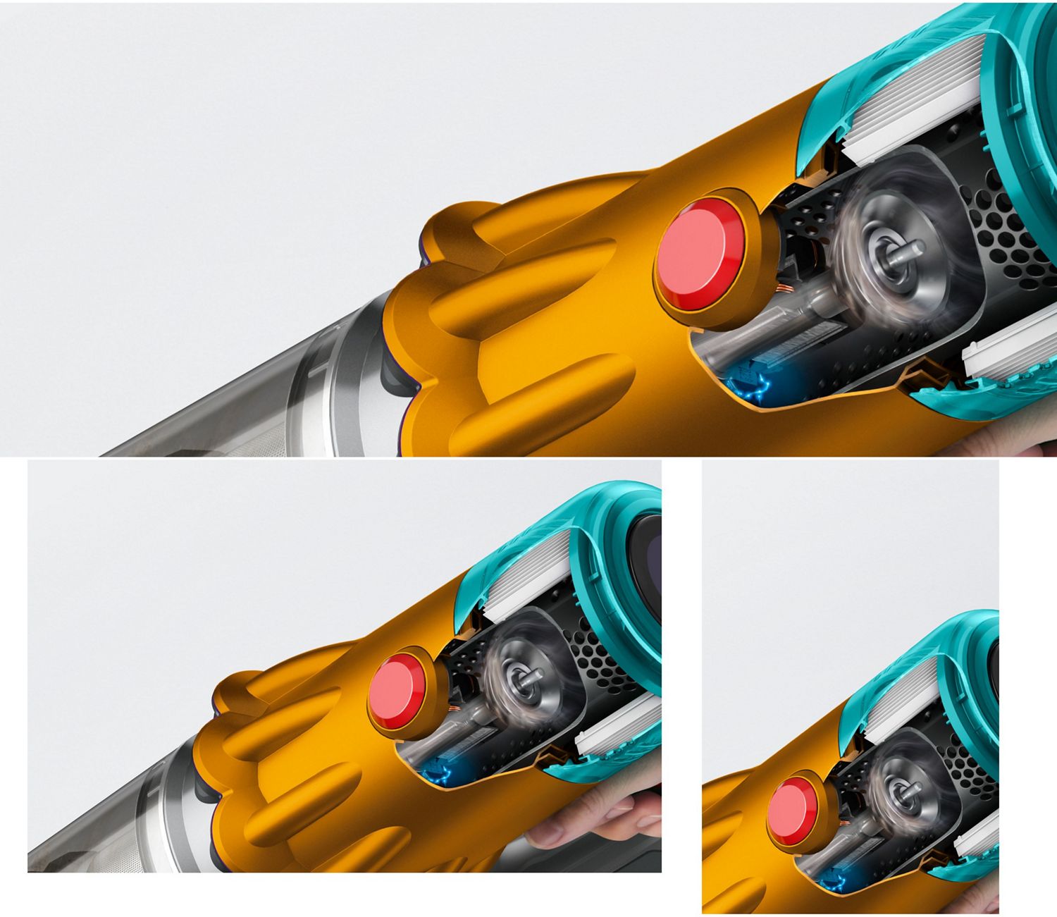 Cutaway showing the motor withing the Dyson V12s Detect Slim Submarine  vacuum cleaner.