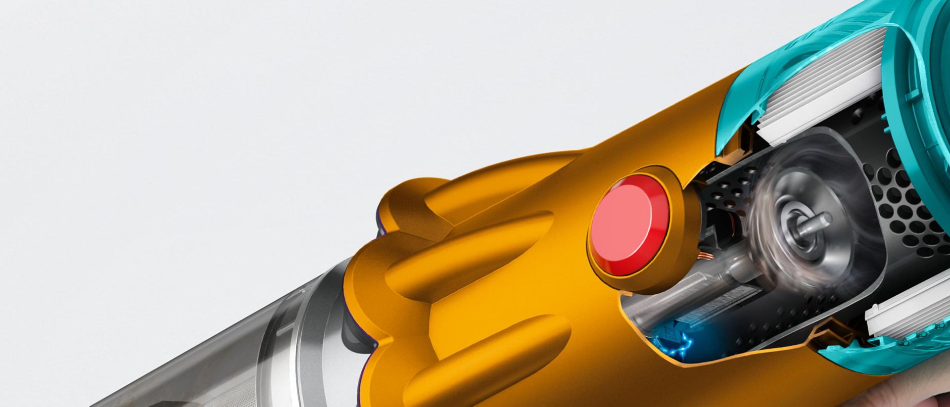 Zbliżenie na przekrój silnika odkurzacza Dyson V12 Detect Slim Absolute Submarine.