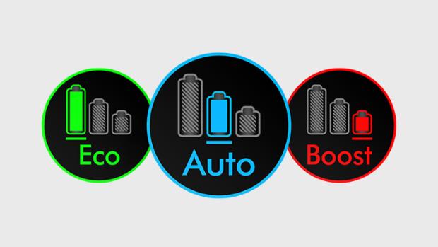 The three power modes for the Dyson V12s Detect Slim Submarine Complete wet and dry vacuum.
