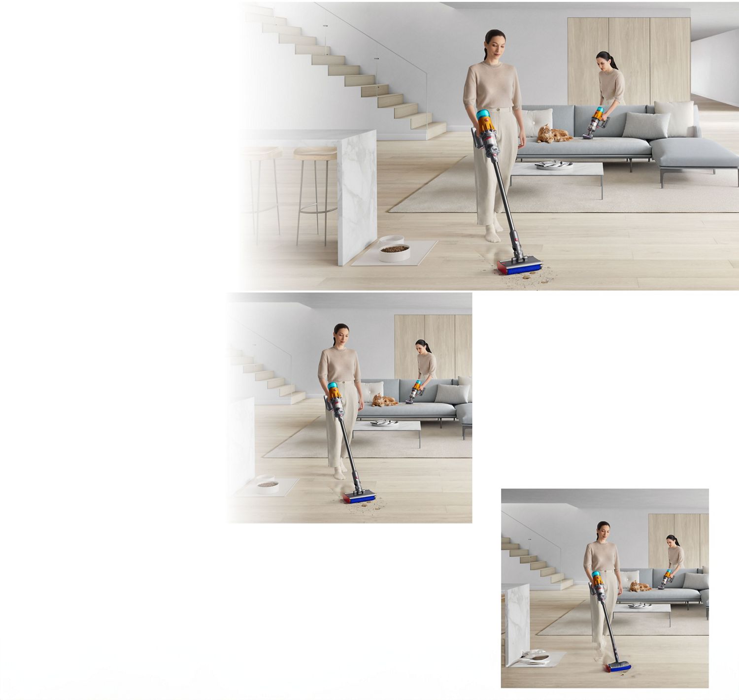 L'aspirateur Dyson V12s Detect Slim Submarine est utilisé pour nettoyer un déversement sur un sol dur.