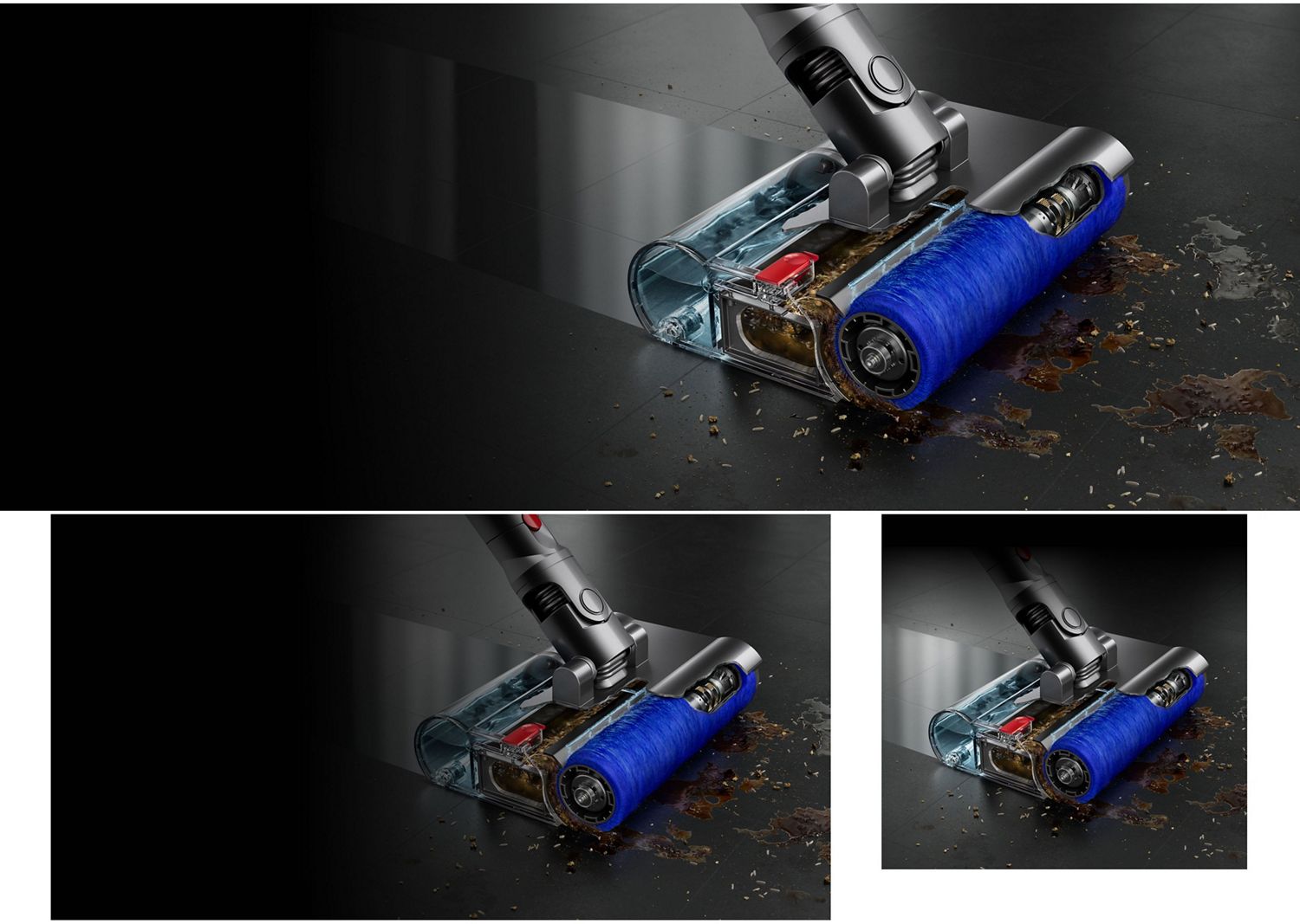 Le Dyson V15s Detect Submarine avec sa brosse lavante, lave les sols durs. La deuxième brosse est placée à côté du rouleau.