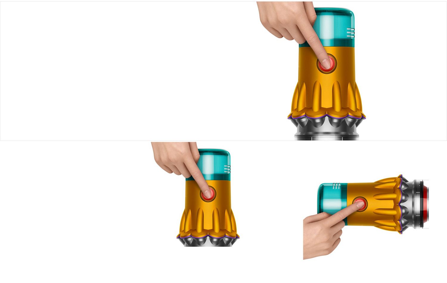 The power button on the top of the Dyson V12s Detect Slim Submarine vacuum.