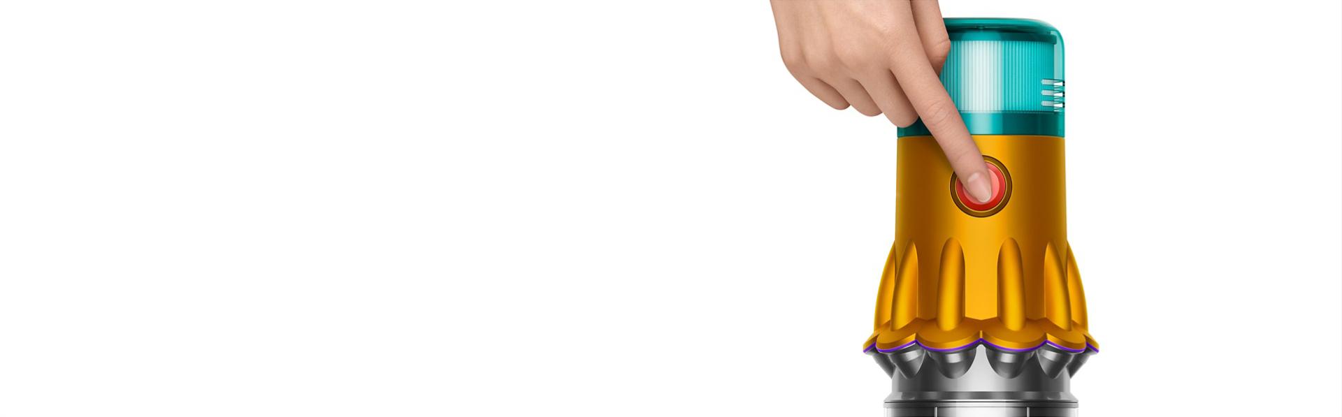 Zbliżenie na przycisk zasilania odkurzacza Dyson V12s Detect Slim Submarine.