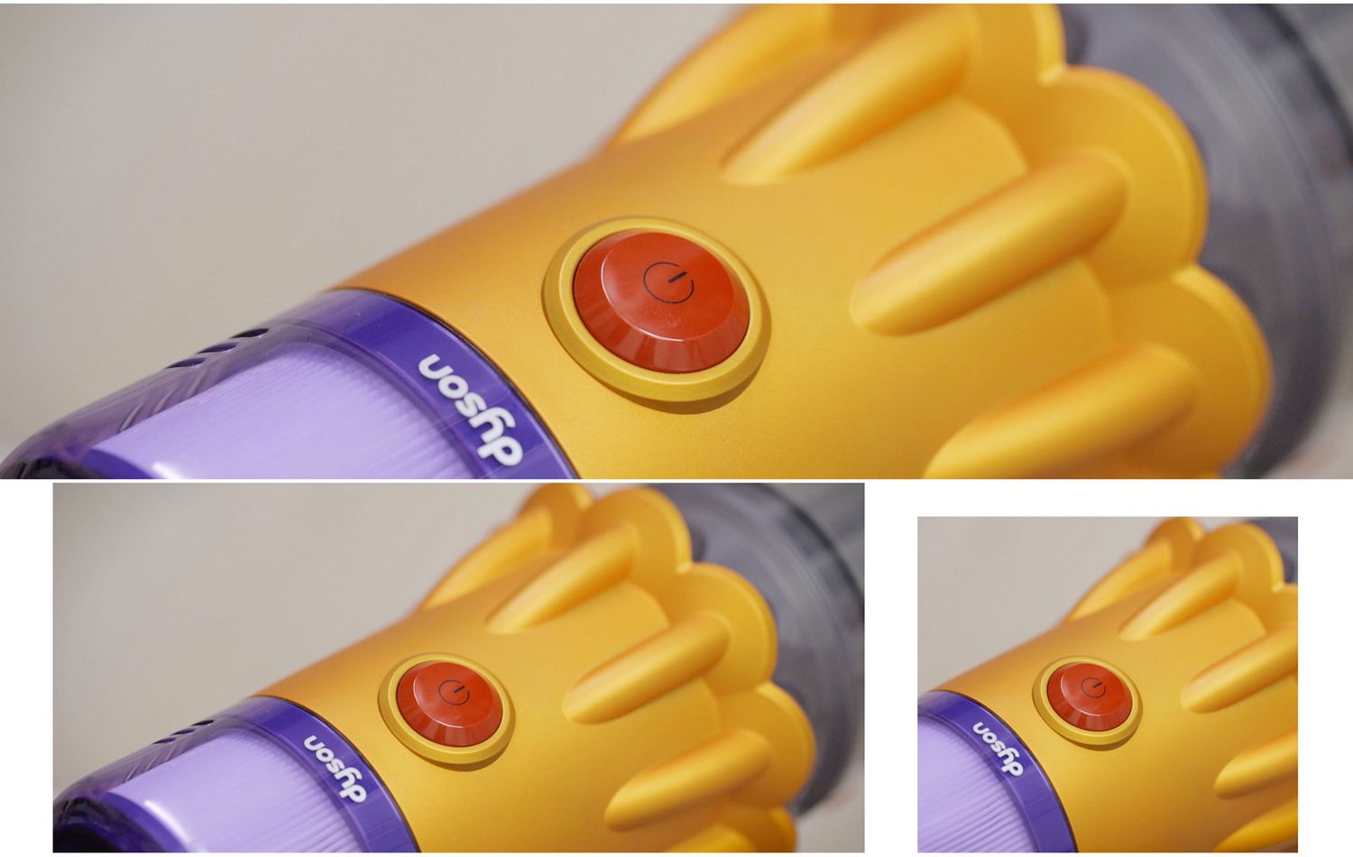 The power button on the top of the Dyson V12s Detect Slim vacuum.