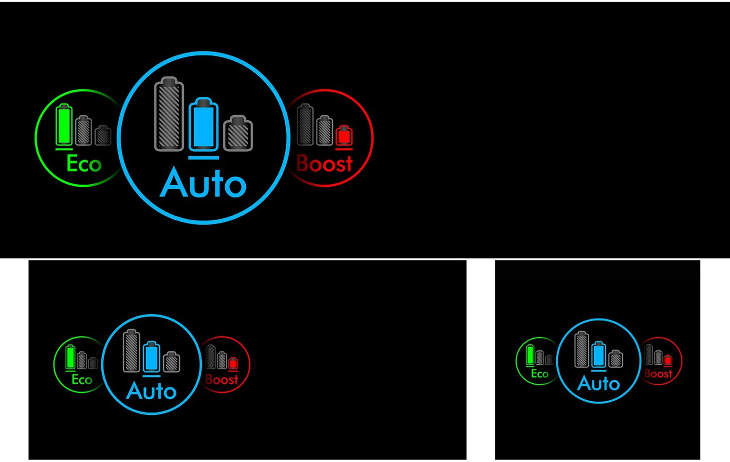 Power mode icons for the Dyson V12 vacuum, Auto in blue, Eco in green, and Boost in red.