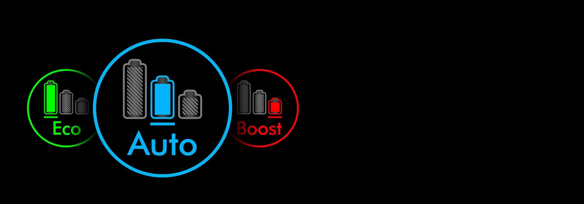 Ikony trybów mocy odkurzacza Dyson V12: Auto w kolorze niebieskim, Eco w kolorze zielonym i Boost w kolorze czerwonym.