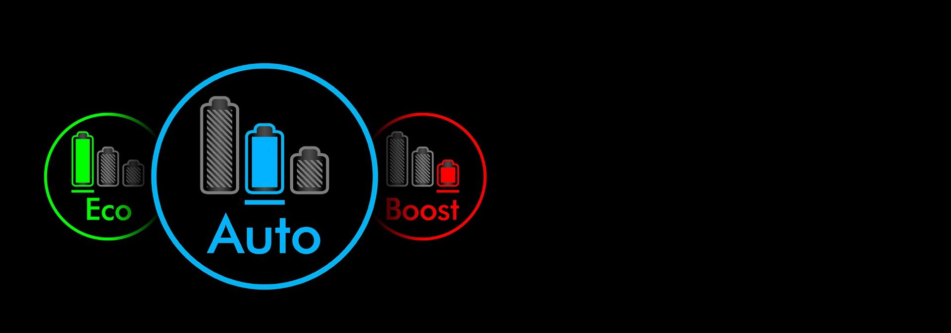 Ikony trybów mocy odkurzacza Dyson V12: Auto w kolorze niebieskim, Eco w kolorze zielonym i Boost w kolorze czerwonym.