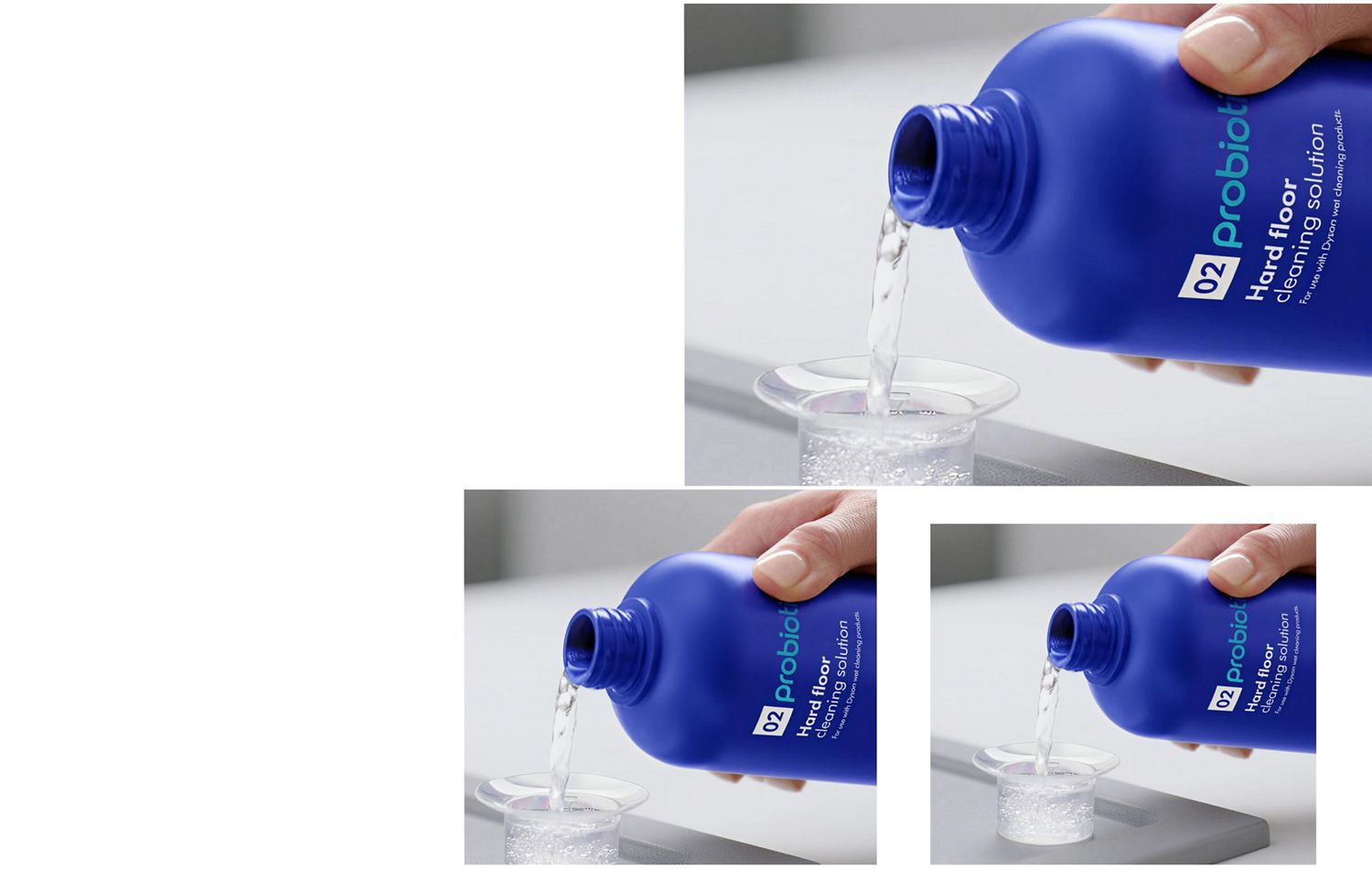 Dyson 02 Probiotic hard floor cleaning solution is dispensed into a measuring cup.