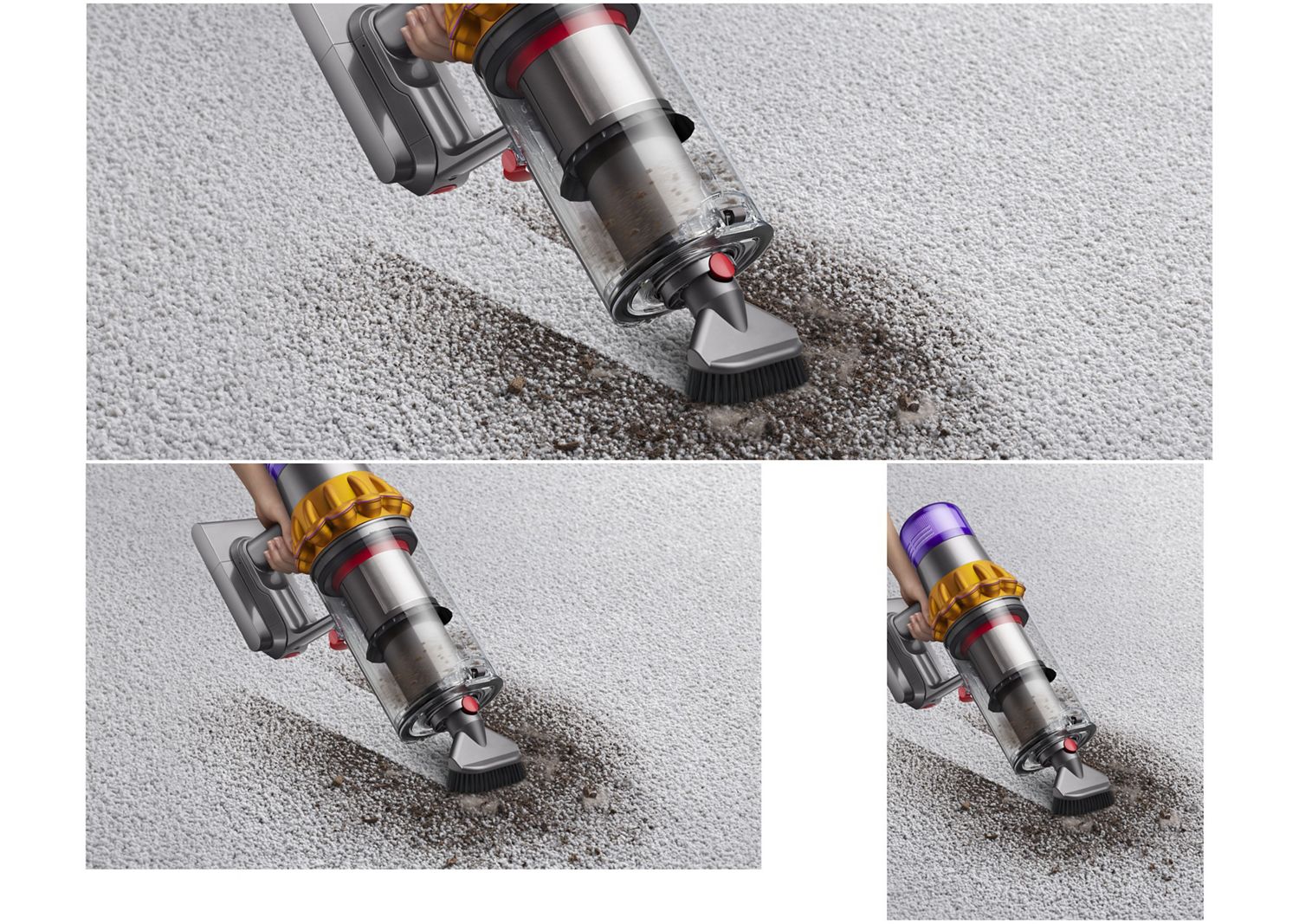 Dyson V15 Detect vacuum used with the Stubborn dirt brush to clean a carpet.