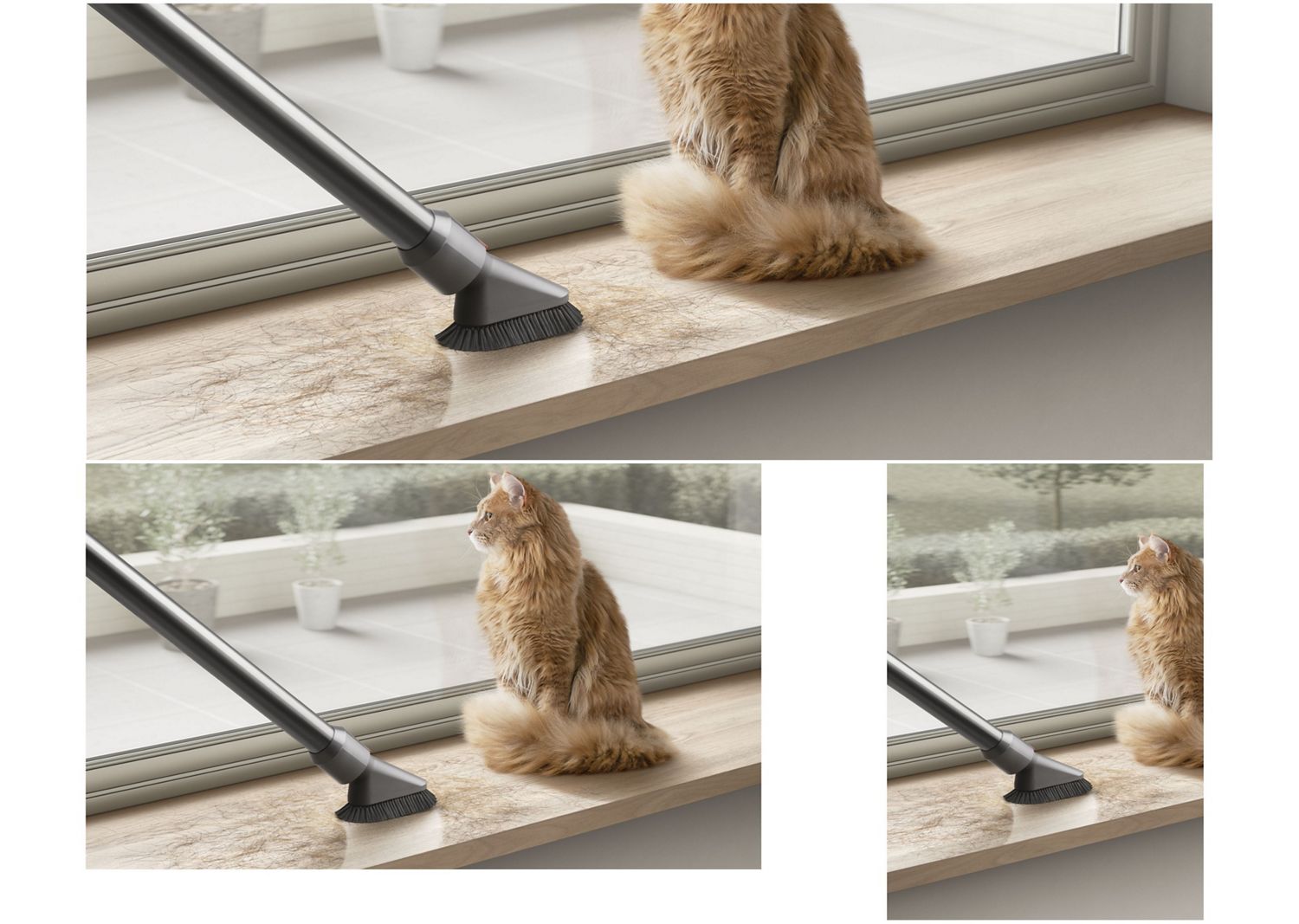 Mini soft dusting brush used to clean a windowsill.