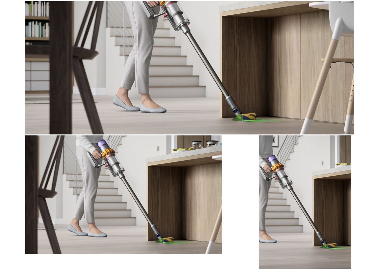 De Dyson V15 Detect stofzuiger wordt gebruikt met de Fluffy Optic vloerzuigmond om harde vloeren schoon te maken.