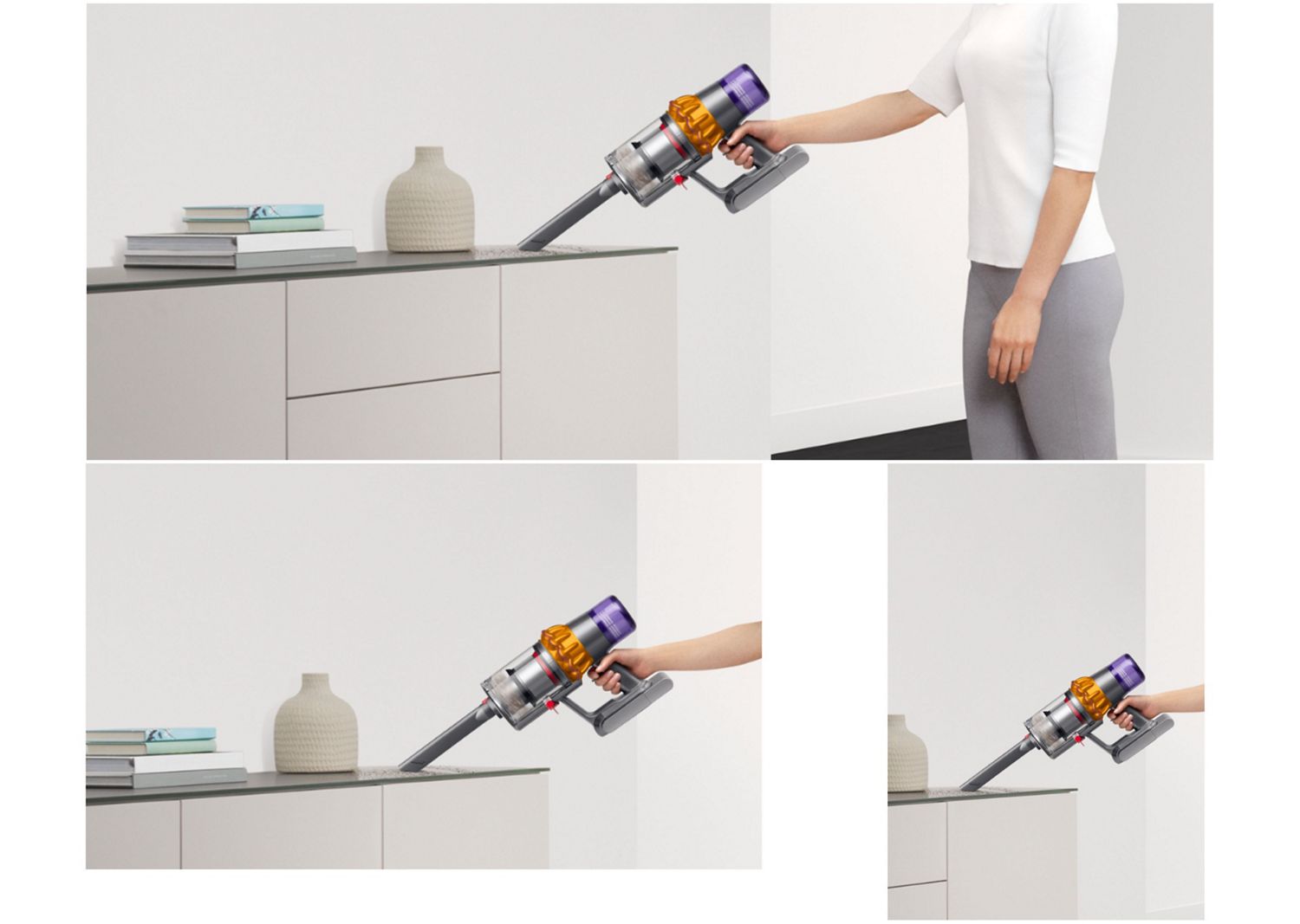 Dyson V15 Detect-stofzuiger wordt in de kruimelzuigerstand gebruikt om een werkoppervlak schoon te maken.
