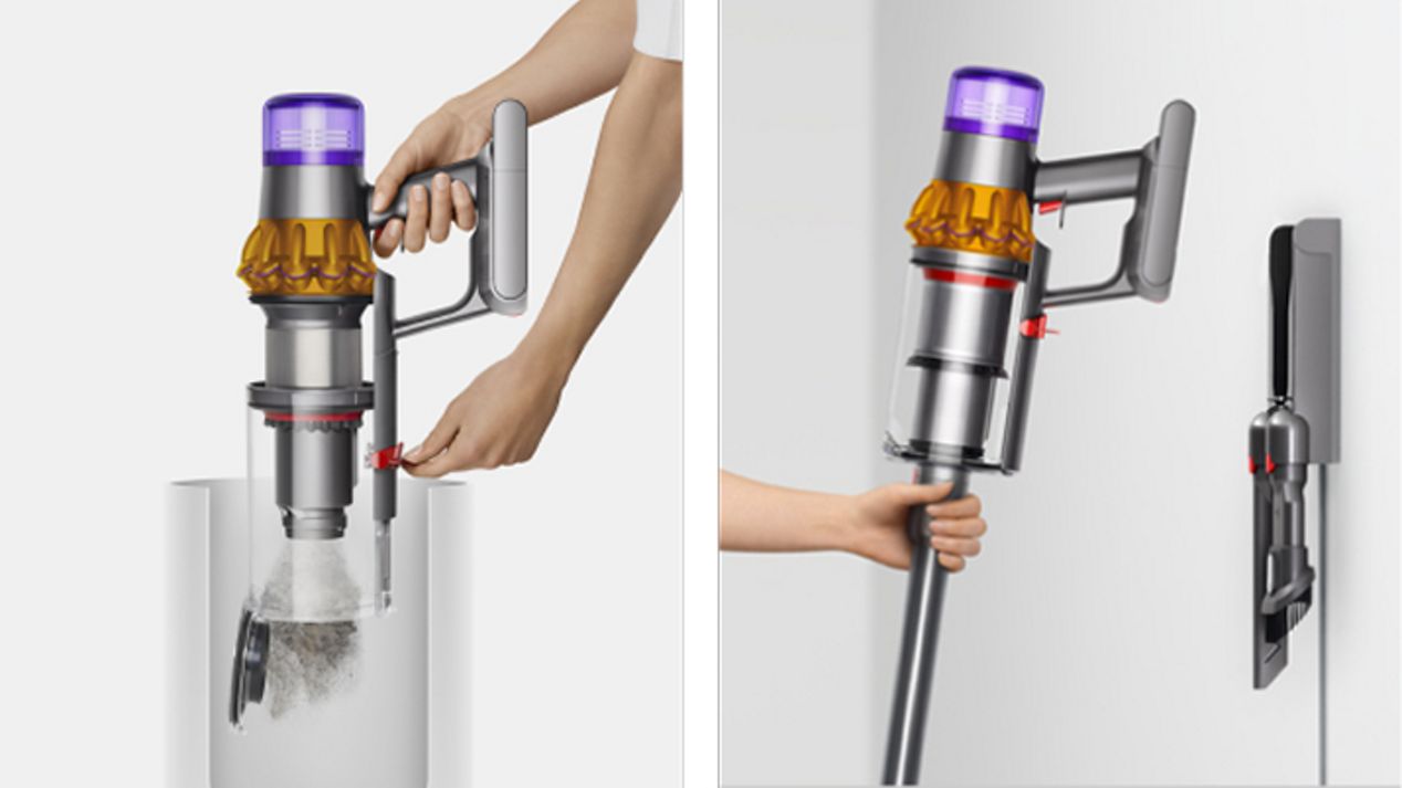 La aspiradora Dyson V15 Detect se vacía y se coloca en la base de pared después de su uso. La aspiradora Dyson V15 Detect se vacía y se coloca en la base de pared después de su uso.
