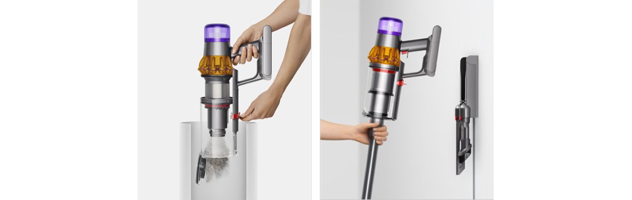 La aspiradora Dyson V15 Detect se vacía y se coloca en la base de pared después de su uso.