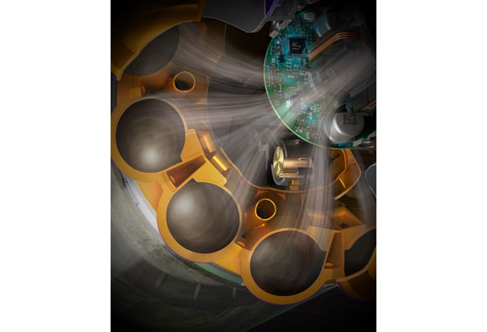 Corte transversal que muestra la tecnología ciclónica dentro de la aspiradora Dyson V15 Detect.