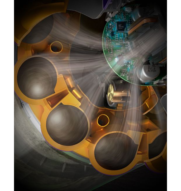 Prierez zobrazujúci cyklónovú technológiu vo vysávači Dyson V15 Detect.