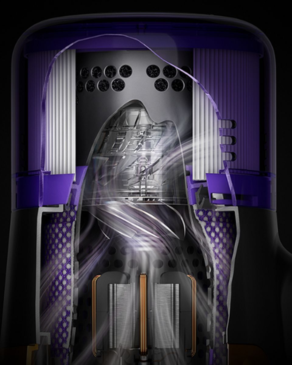 Corte transversal que muestra la tecnología de filtración dentro de la aspiradora Dyson V15 Detect. Corte transversal que muestra la tecnología de filtración dentro de la aspiradora Dyson V15 Detect.