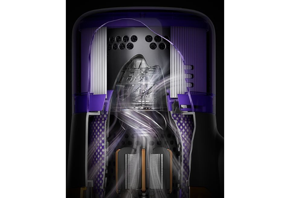Corte transversal que muestra la tecnología de filtración dentro de la aspiradora Dyson V15 Detect.