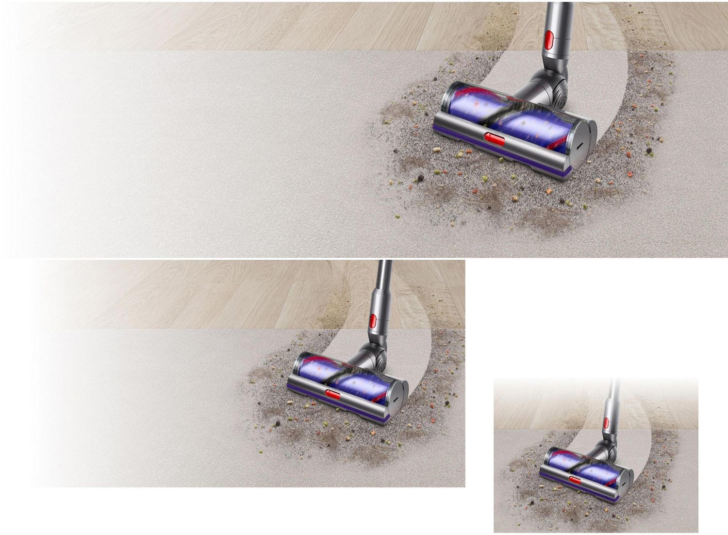 Stof en vuil wordt van een harde vloer verwijder met de Dyson Digital Motorbar vloerzuigmond.