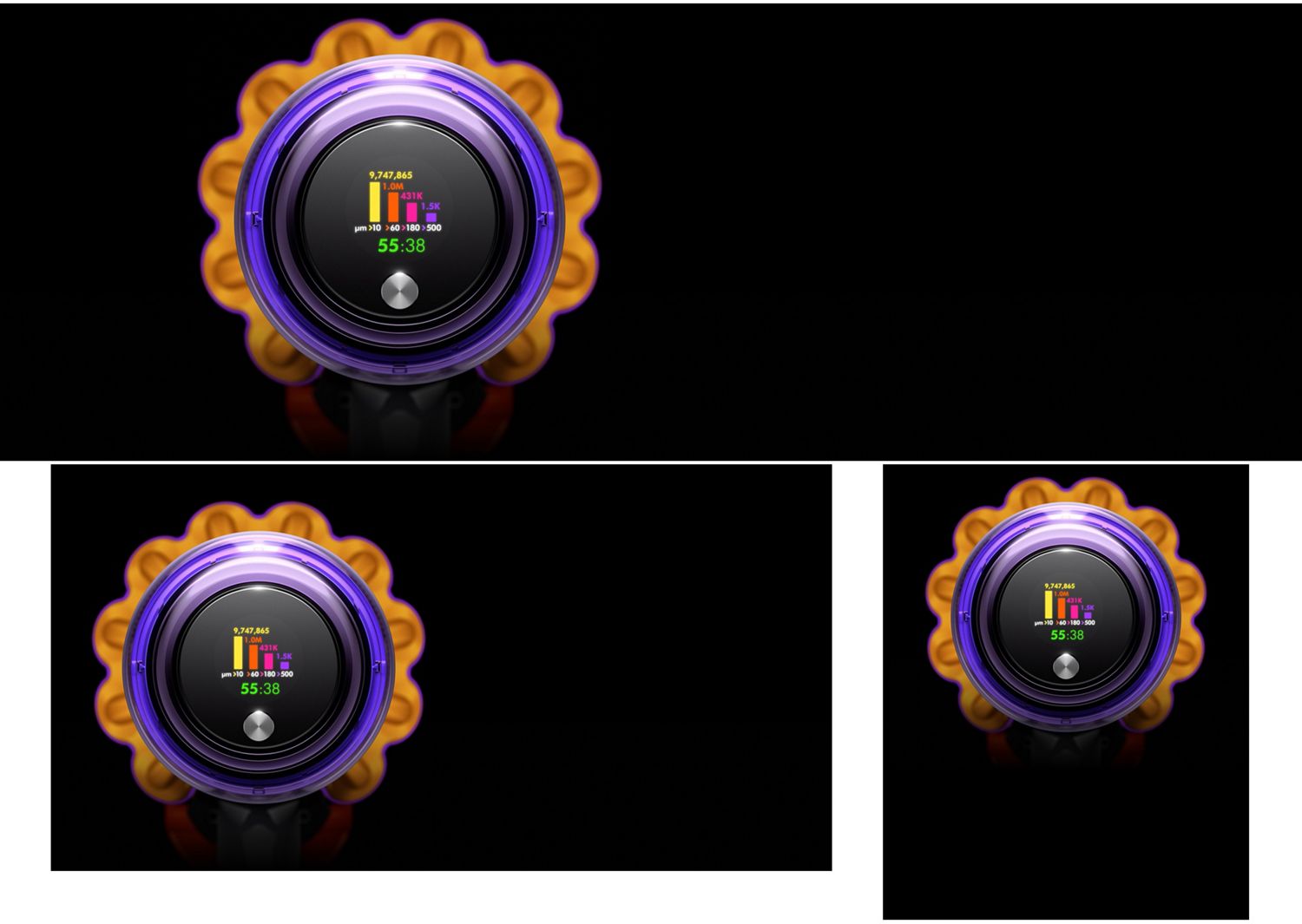 Het scherm van de Dyson V15 Detect draadloze stofzuiger.