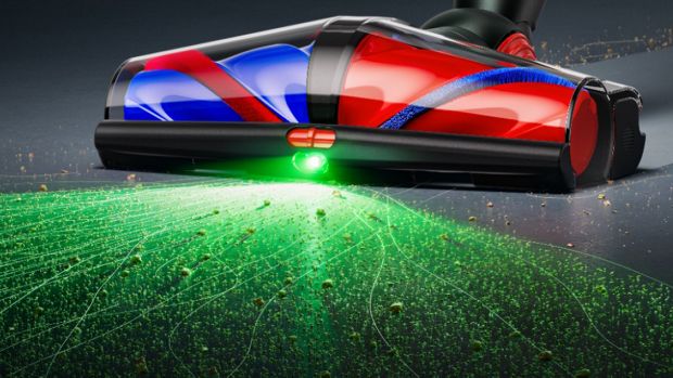 Dyson All Floor Cones Sense cleaner head illuminates dust on hard floors.