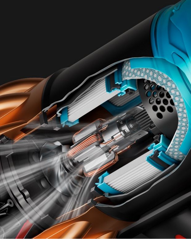 Cutaway showing the motor within the Dyson V16 Piston Animal vacuum cleaner.