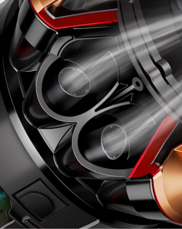 Cutaway showing the cyclones within the Dyson V16 Piston Animal vacuum cleaner.