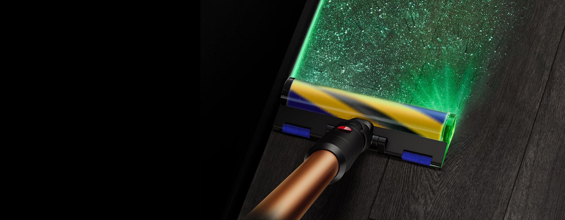 Dyson Fluffy Optic cleaner head used to clean dust and debris from a hard floor.