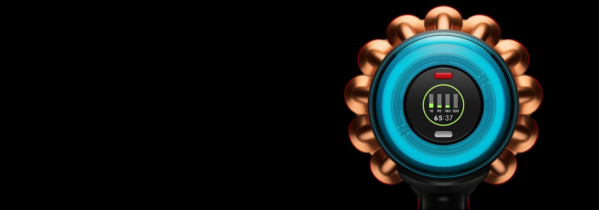 The LCD screen of the Dyson V16 Piston Animal vacuum.