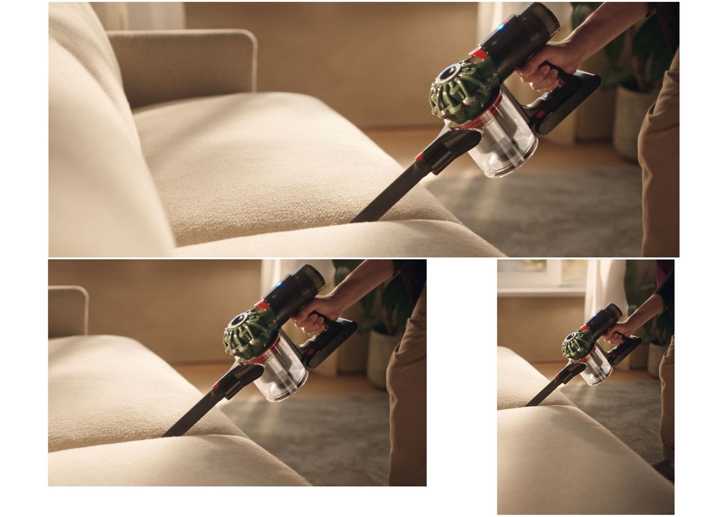 Dyson V8 Cyclone vacuum used to clean between cushions.