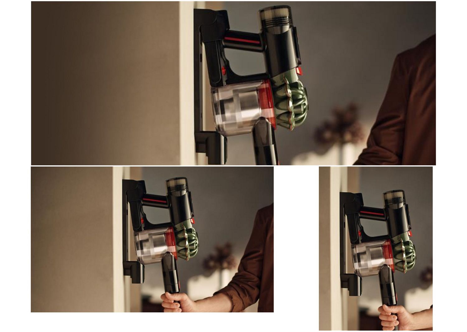 Dyson V8 Cyclone vacuum placed in the wall-mounted dock after use.