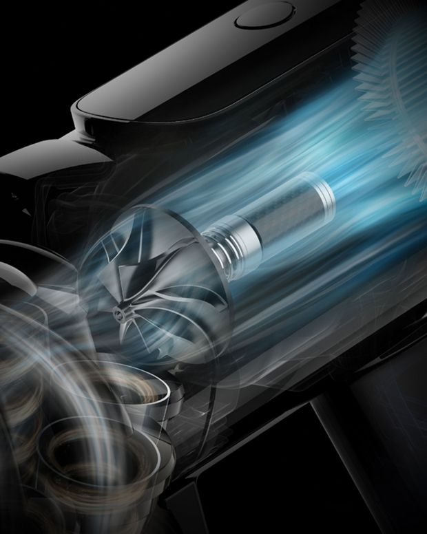 Dyson V8 Cyclone elektrikli süpürgenin içindeki motoru gösteren kesit.