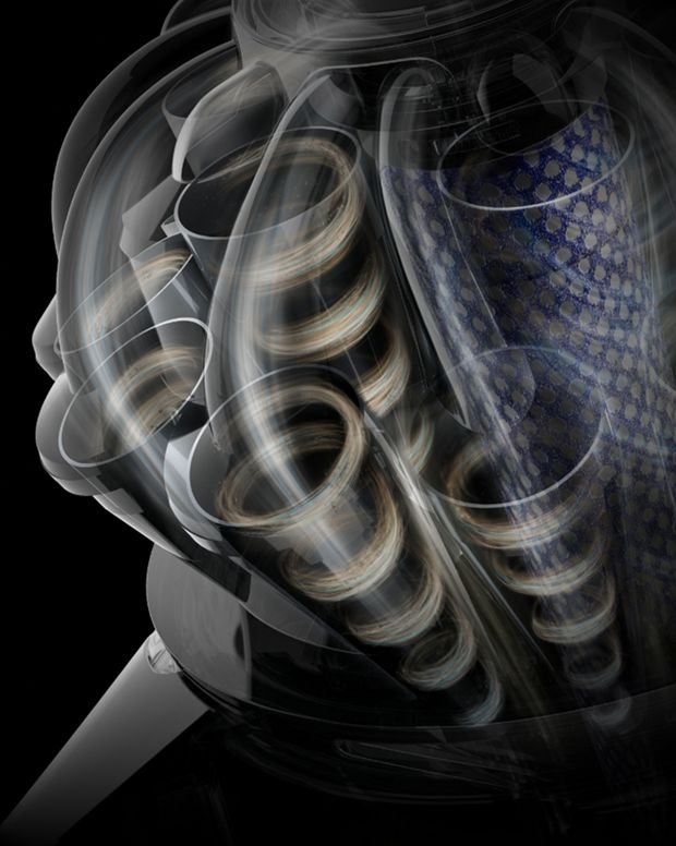 Dyson V8 Cyclone elektrikli süpürgenin içindeki siklon teknolojisini gösteren kesit.