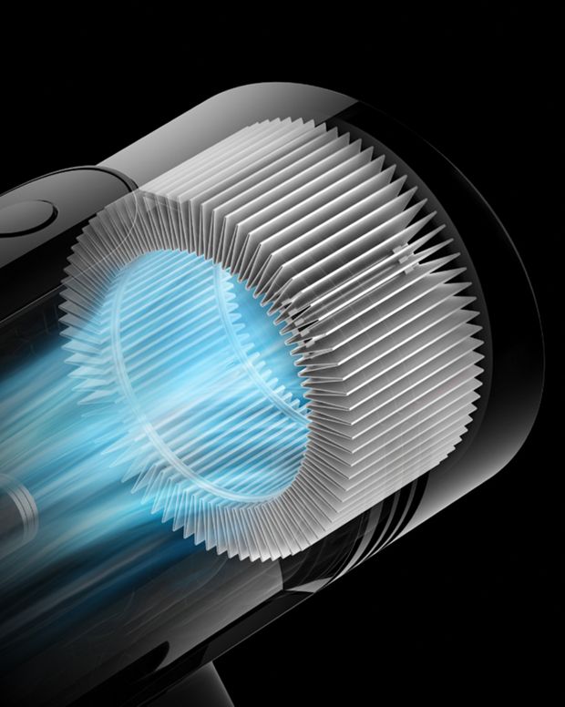 Dyson V8 Cyclone elektrikli süpürgenin içindeki filtreleme teknolojisini gösteren kesit.
