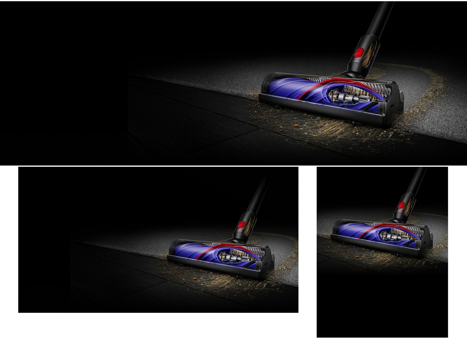 Dyson Motorbar cleaner head used to clean dust and debris from a hard floor.